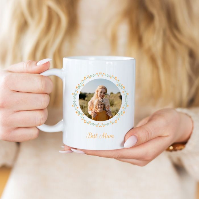 Personalised Flower Wreath Mug with Photo and Text